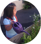 Young girl watering flowers and watching butterfly
